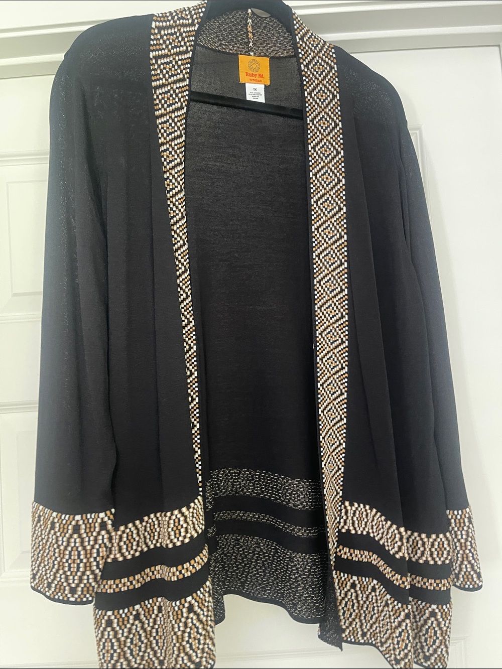 Ruby Rd. Black Open-Front Cardigan with Tan and Cream Geometric Trim